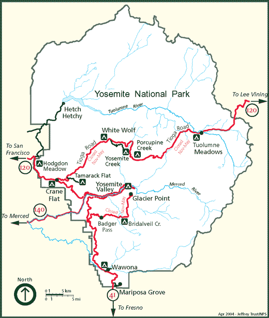 Carte des entrées du parc national de Yosemite