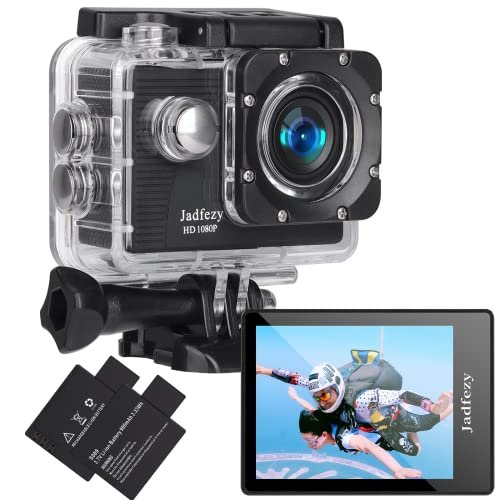 Jadfezy Camera Sport 1080P FHD,Etanche 30M Caméra d’action Grand Angle, avec Deux Piles Rechargeables 900 mAh Caméra Sport et kit d’accessoires