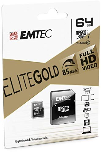 EMTEC ECMSDM64GXC10GP – Carte microSD – Classe 10 – Gamme Elite Gold – UHS-I U1 – Avec adaptateur Performance – Vitesse de lecture jusqu’à 90MB/s -Noir/Or – 64GB